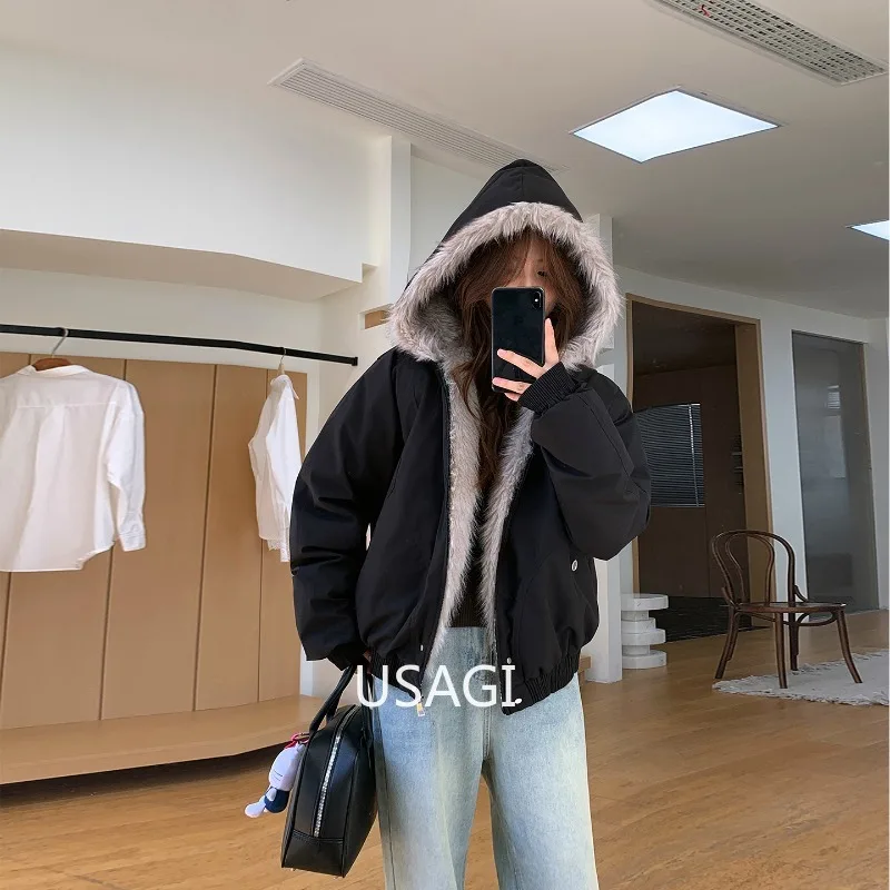 

Женская куртка с капюшоном в американском стиле ретро Y2K с меховым воротником, бархатная утолщенная теплая куртка в стиле Харадзюку, свободная повседневная зимняя уличная одежда