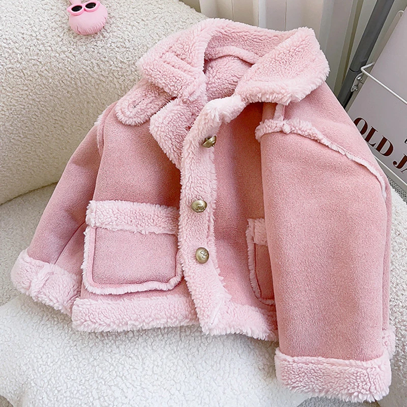 

2024 Winter New Girls Jacket Solid Color Lamb Wool Lining Thick Keep Warm Lapel Fashion Coats For 2-8 Years Kids Plush Snowsuit