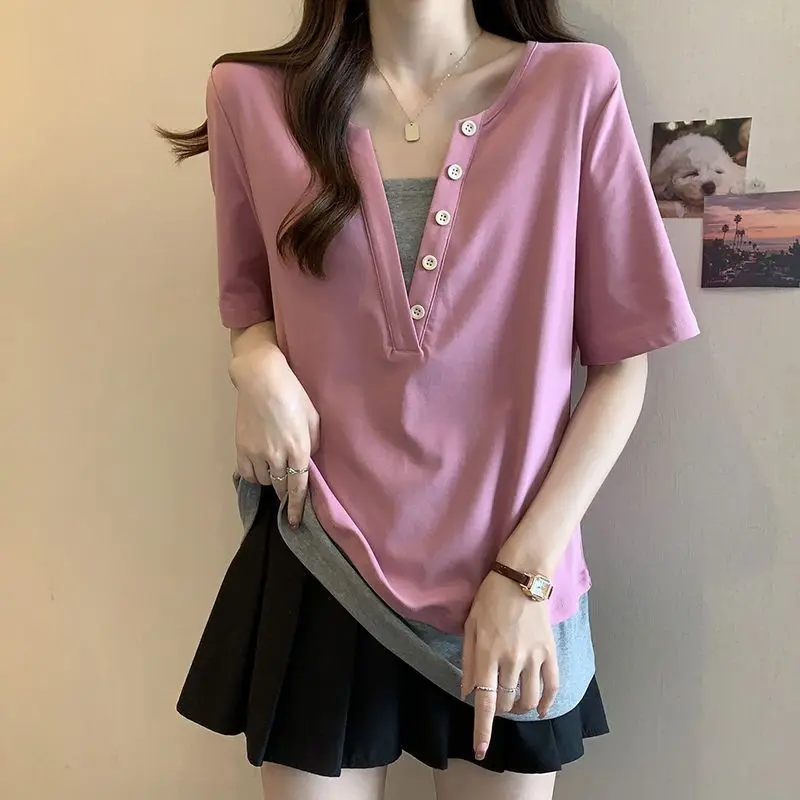 Plus-size women's summer new loose casual versatile age-reducing faux two-piece mid-length short-sleeve T-shirt