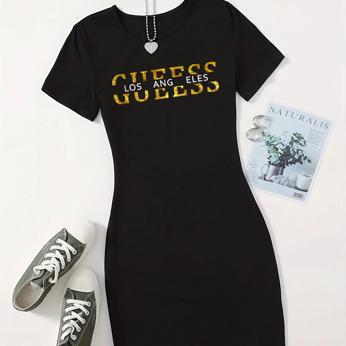 Sommer Damen GUEESS Los Angeles Gedruckt Casual Sexy Slim Fit Hüfte umarmt Kurzarm Rundhals T-shirt Kurzen Minirock