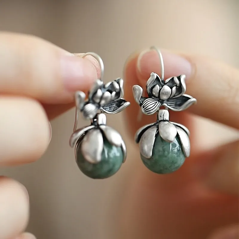 Fresh and retro silver 925 natural Hotan Jade round bead earrings for women ethnic style lotus flower earings cheongsam jewelry