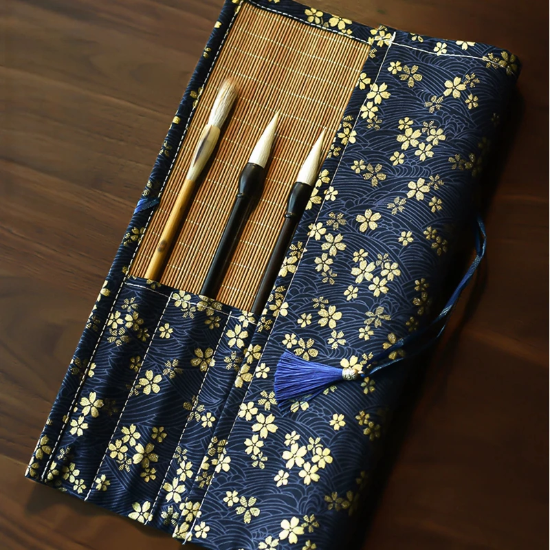Chinese Style Color Fabric Bamboo Calligraphy Brush Roll Portable Storage Pouch Curtain For Student Beginner Four Treasures Bags