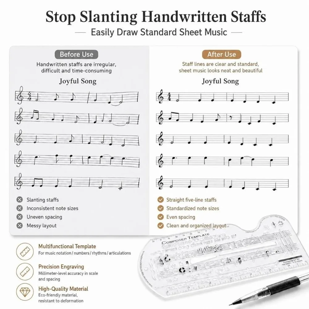 Plastic Music Composer Template Ruler Transparent Multifunctional Musical Stencil Tool Music Notation Template