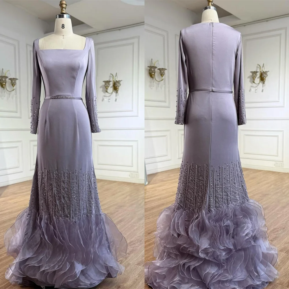 

Customized Classic Light Purple Jersey Evening Dress Modern Square Collar Long Sleeves Zipper Back Beading Homecoming Dress