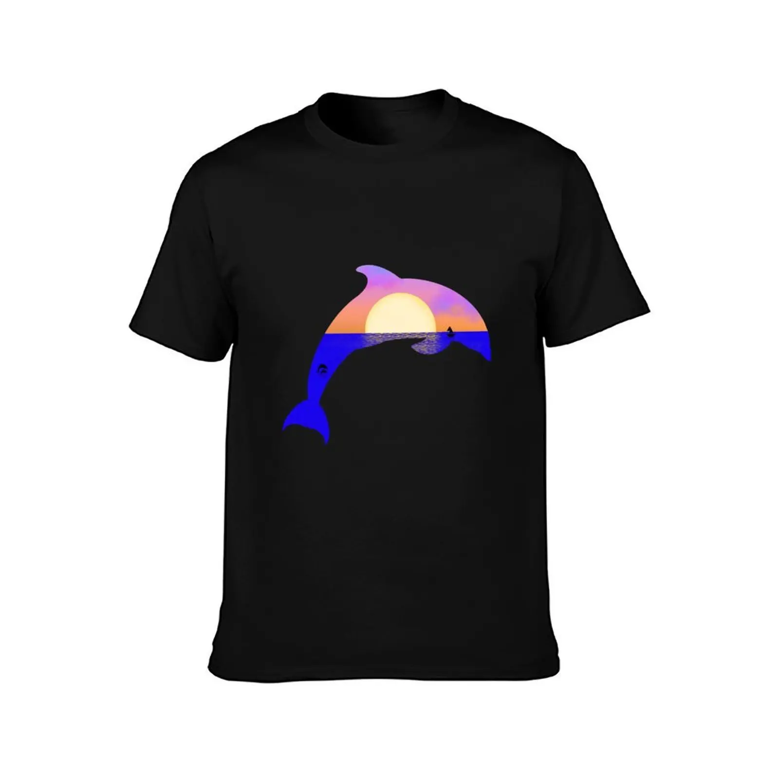 Sunset dolphin T-Shirt, Summer Casual Cotton Tee, Oversized Streetwear Tops, Vintage Graphic Print, Loose Fit Short Sleeve
