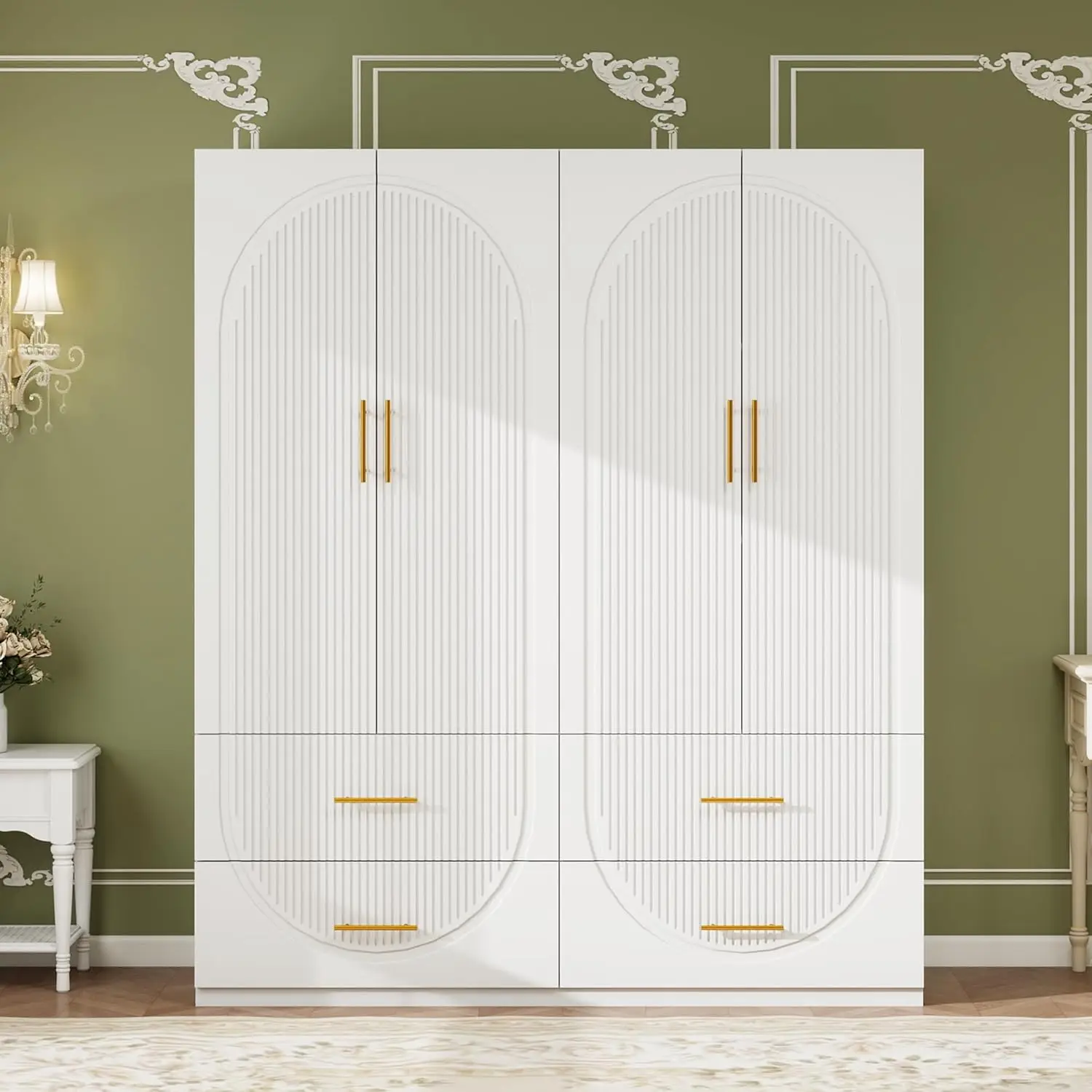 

Wardrobe Armoire Closet With 4 Door Shelves 4 Drawers And Hanging Rod Wooden Storage Cabinet For Bedroom White Tall, Customized