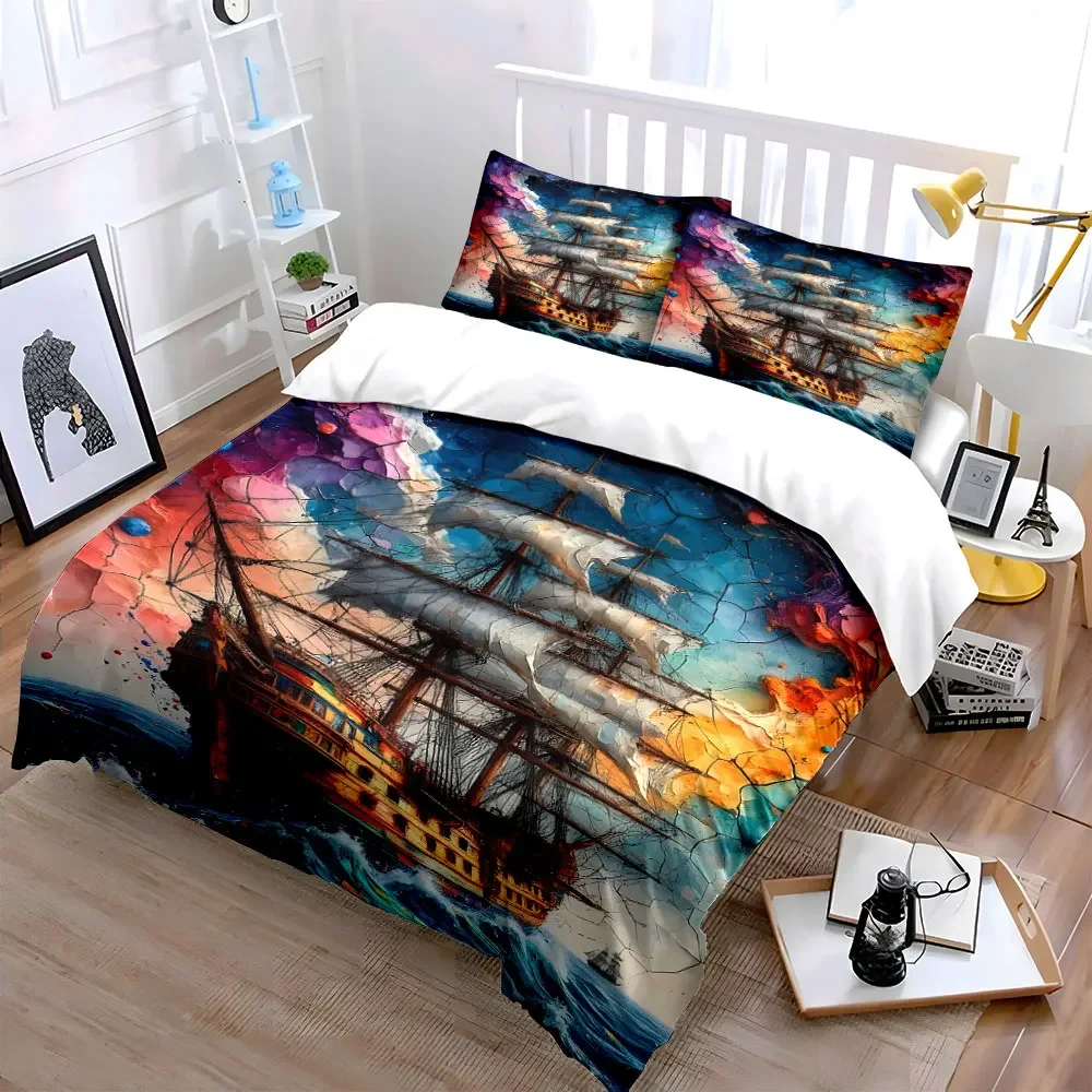 Colorful Ship Wall Art Set Multiple sizes kid's and adults' bedroom Exquisite 3PC bedding set, gift