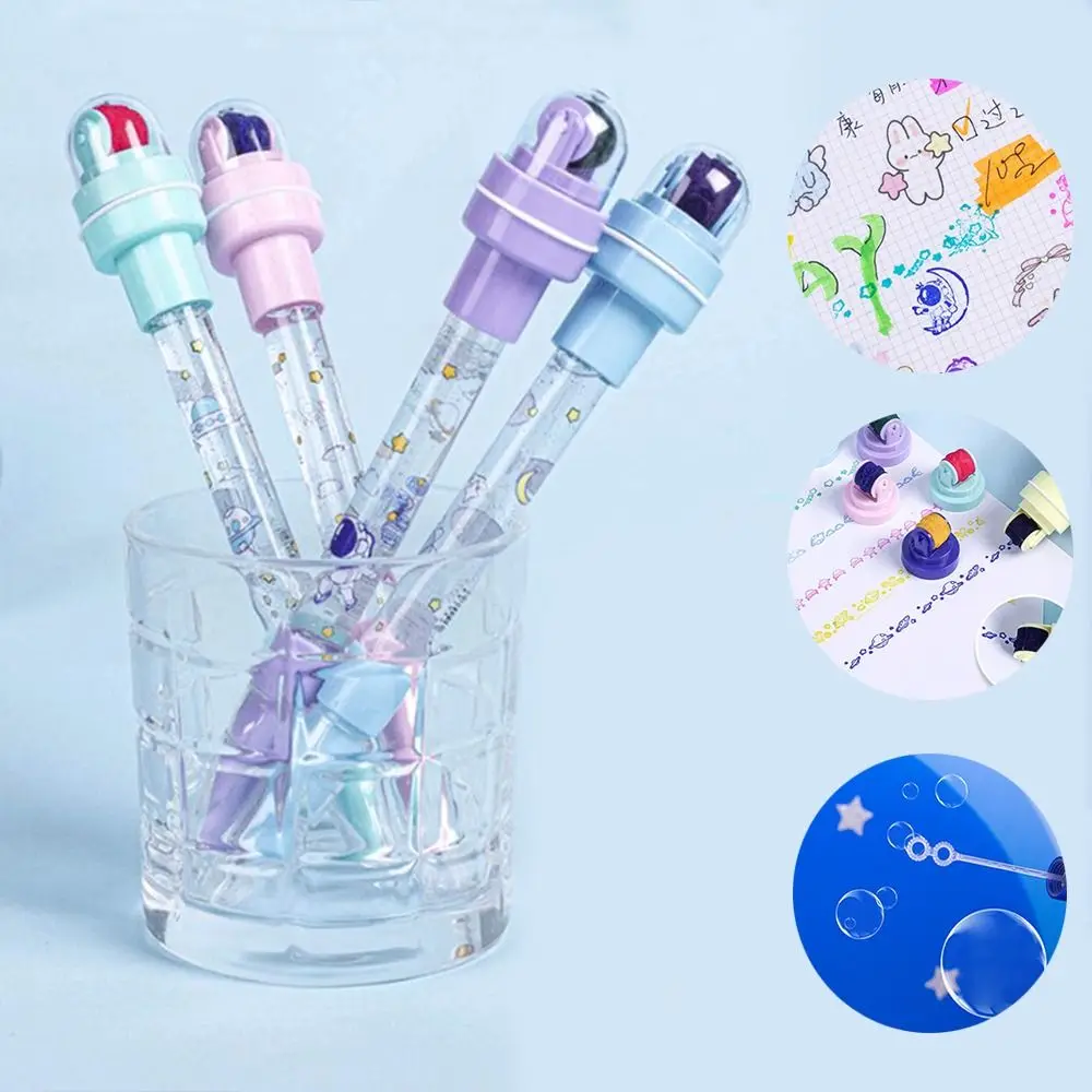 

4 In 1 Bubbler Pen With Stamp Fidget Multifunctional Seal Roller Stamp Pen Writing Signing Sensory Bubble Blowing Pen Kids