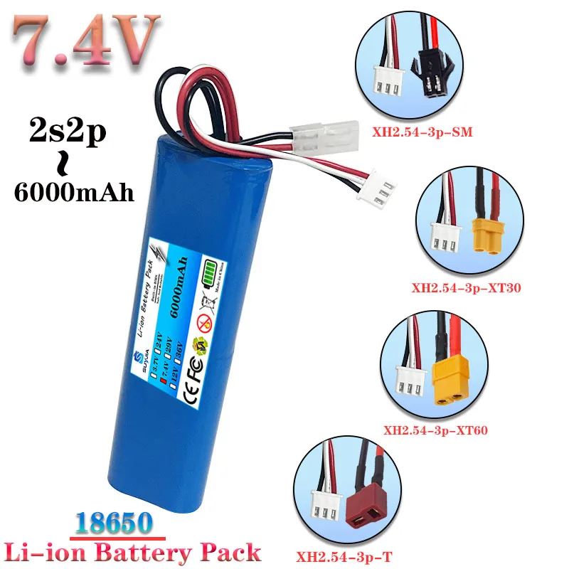 2026 New 18650 7.4V 6000mAh 2S2P Rechargeable Lithium Battery, Suitable for Bicycle Headlights, Small Portable Devices, Etc.