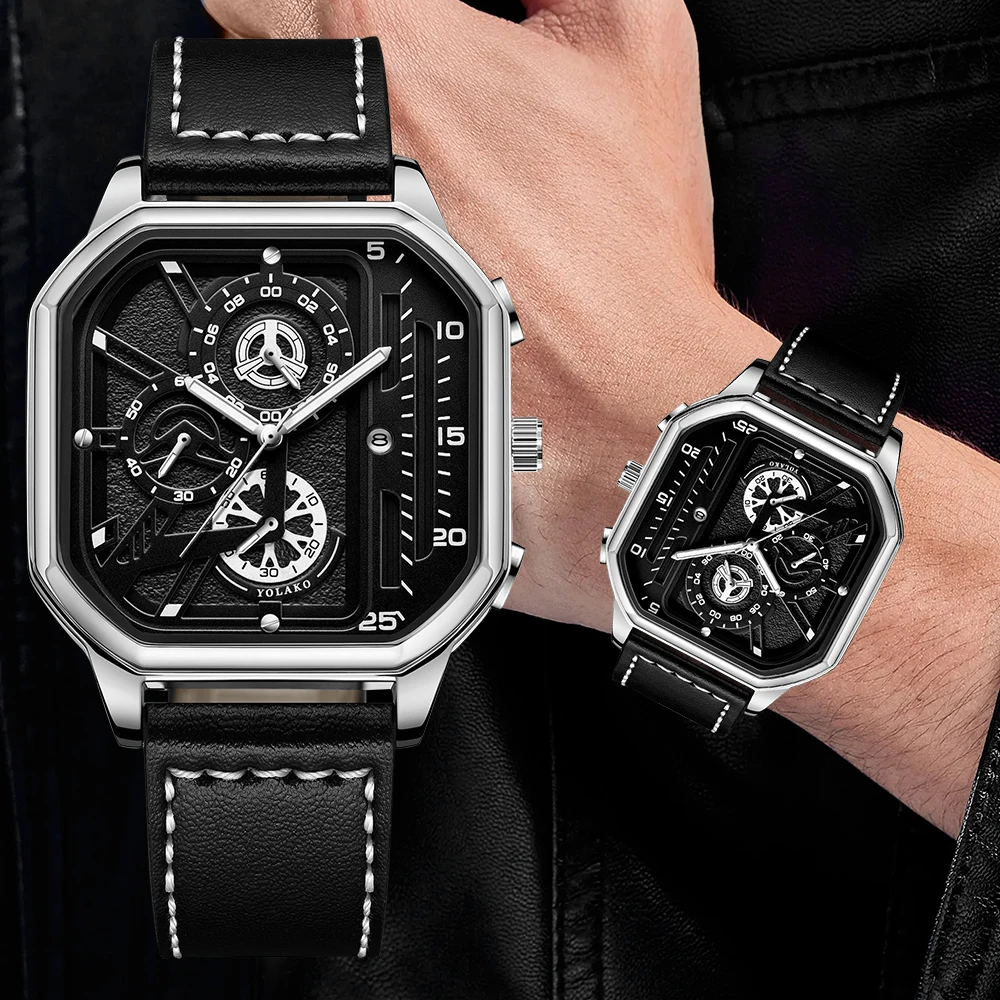 Men Quartz Watches Alloy Dial Business Men Watch PU Leather Strap Big Dial Square Sports Watch Cool Black Wristwatch for Man
