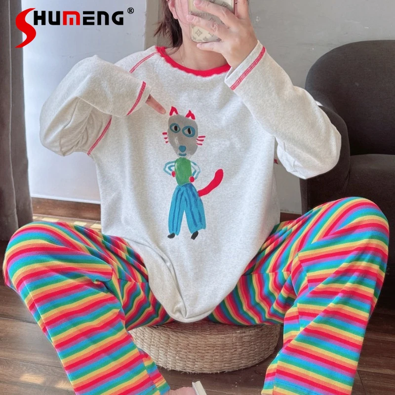 

Cute Cartoon Striped Cotton Pajamas for Women Spring Autumn Casual Long Sleeve Homewear Set Female Japanese Wearable Suits