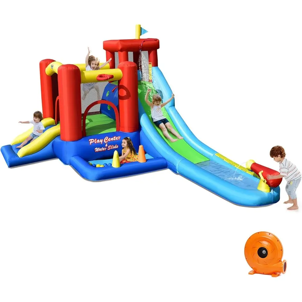 Waterbounce House, 9-in-1 gigantisch iatable waterpark voor buiten met ballenbak, splashpool, klimmuur, opblaaswater