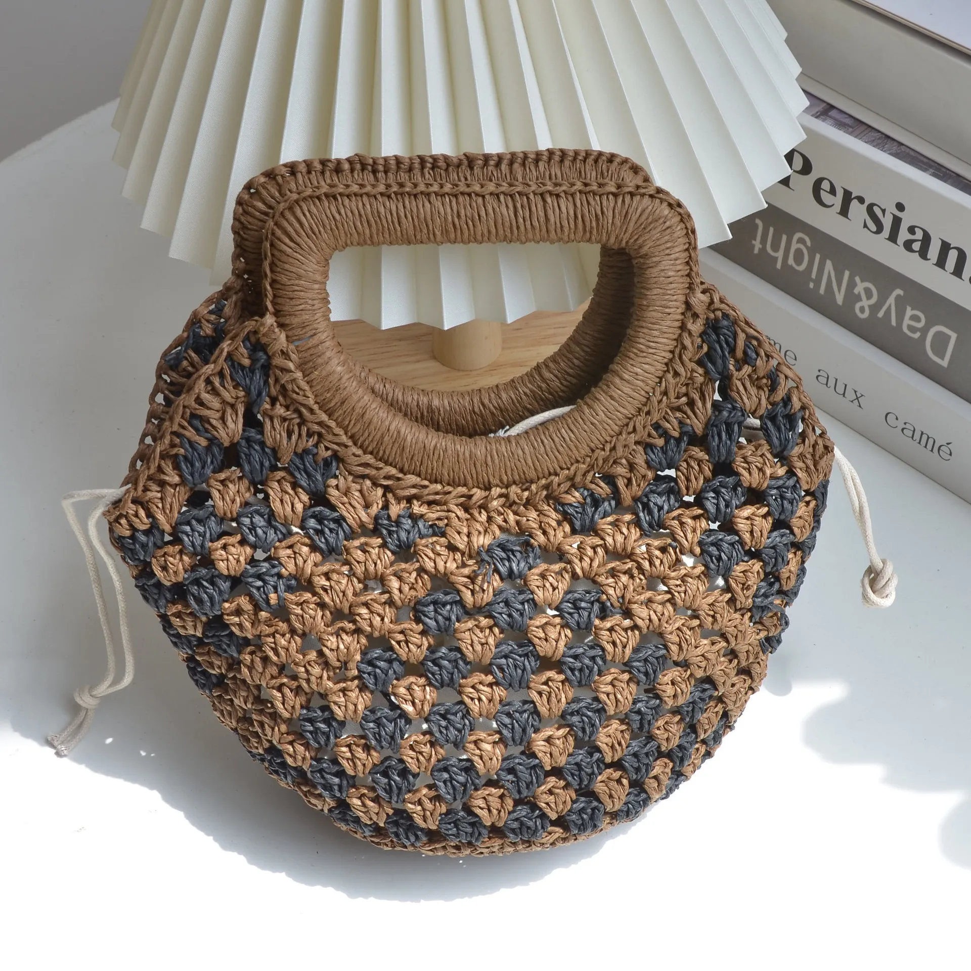 

Luxury New Niche Retro Paper Rope Crochet Black Brown Patchwork Grass Woven Handbag for Women