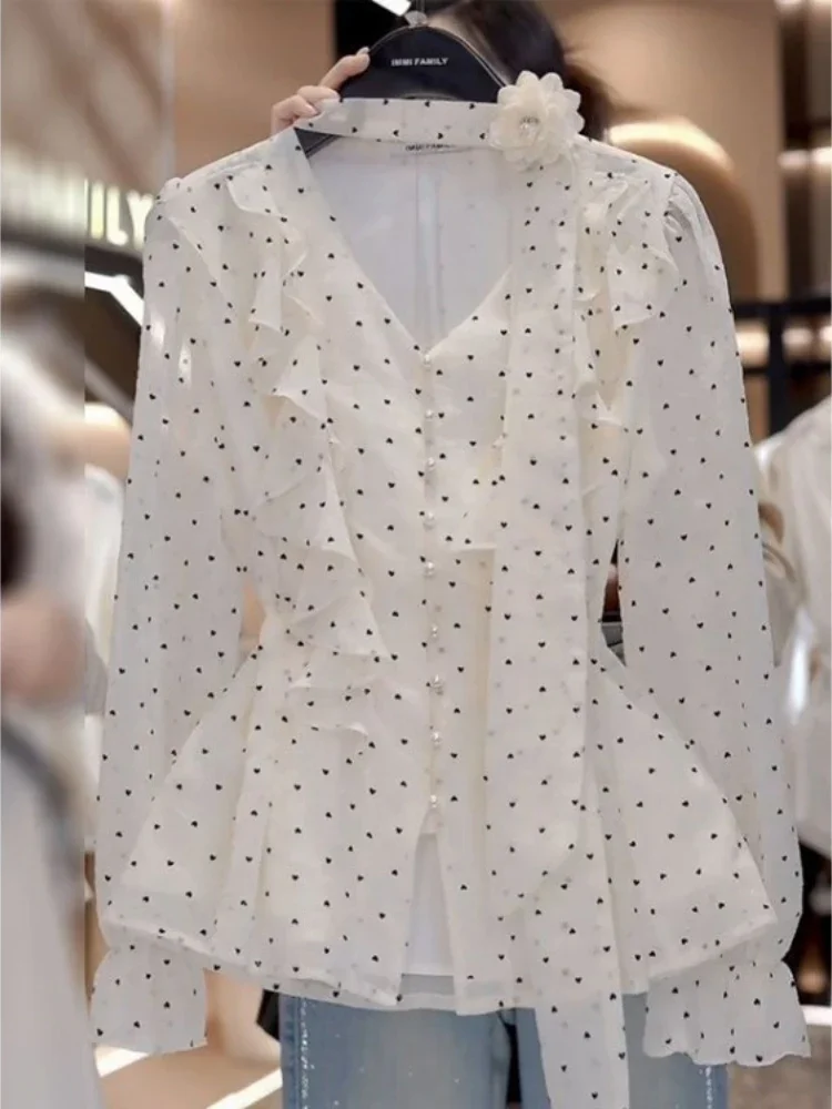 

Элегантная простая корейская рубашка с v-образным вырезом, женская милая винтажная Blusas Mujer, ранняя осень, женская одежда, блузки в горошек, рубашки