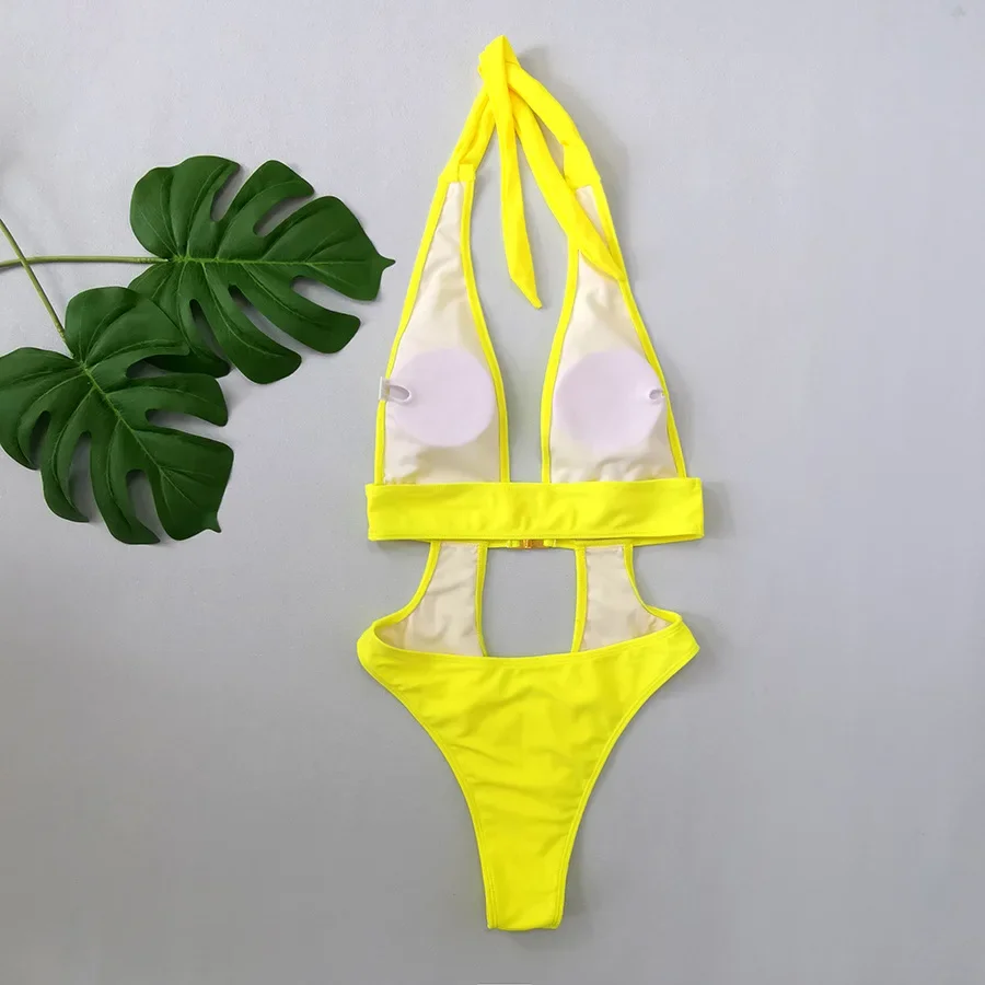 Sexy Yellow Halter Backless Swimwear One Piece Swimsuit Women 2025 New Hollow Out Monokini Buckled Design Bathing Suit Beachwear