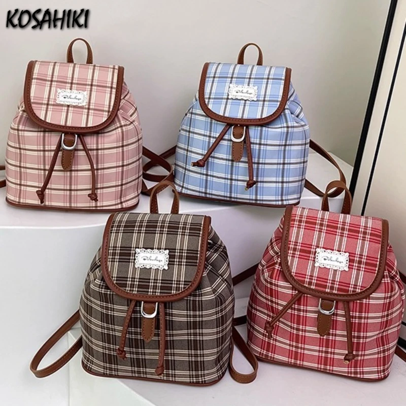

Y2k Aesthetic Preppy Contrast Color Plaid Bags for Women All Match Kawaii Lolita Schoolbags Students Casual Fashion Backpacks