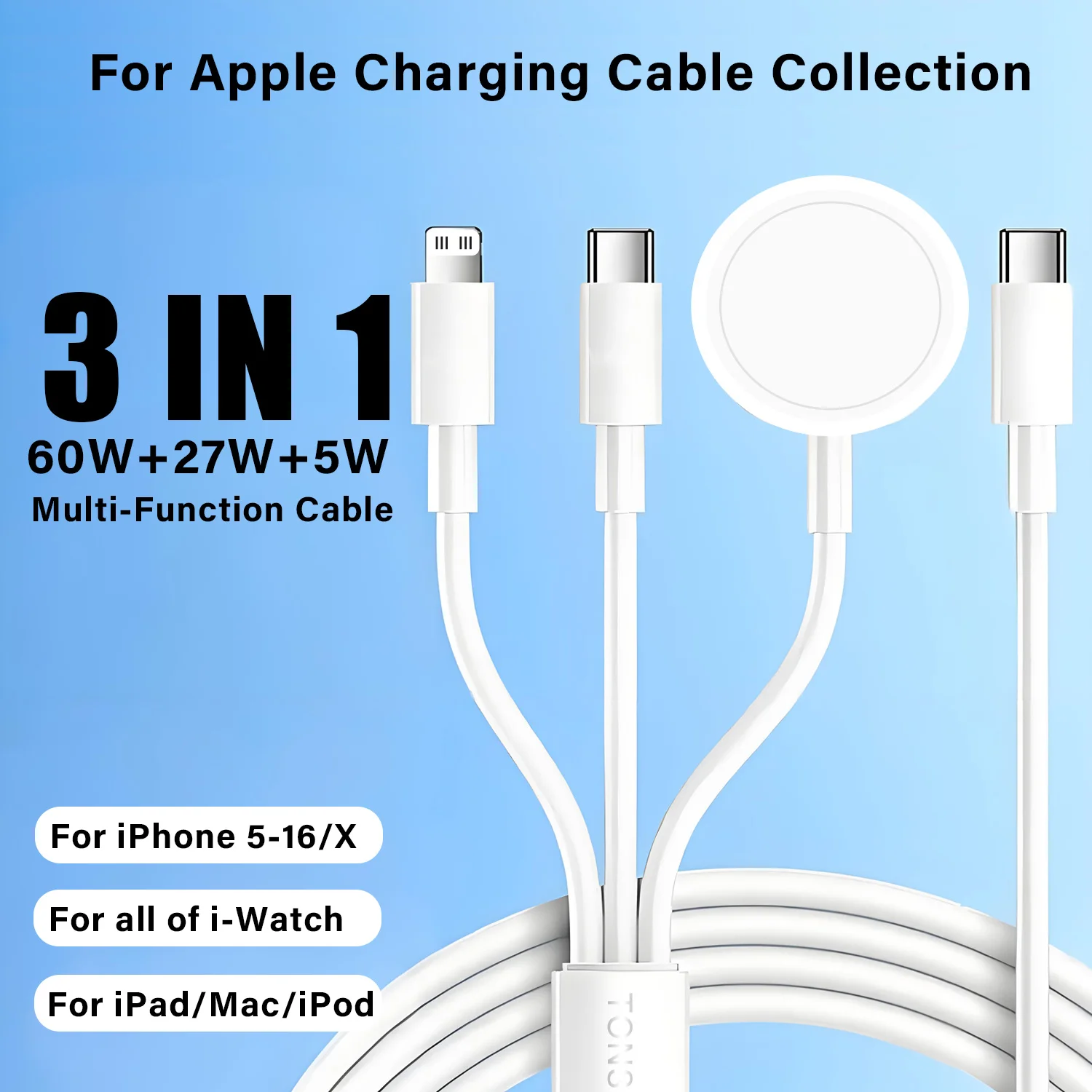3 in 1 for Apple Watch Magnetic Wireless Charger Cable USB C for iPhone 16 15 14 13 12 X iPad AirPods MacBook Lightning line 60w