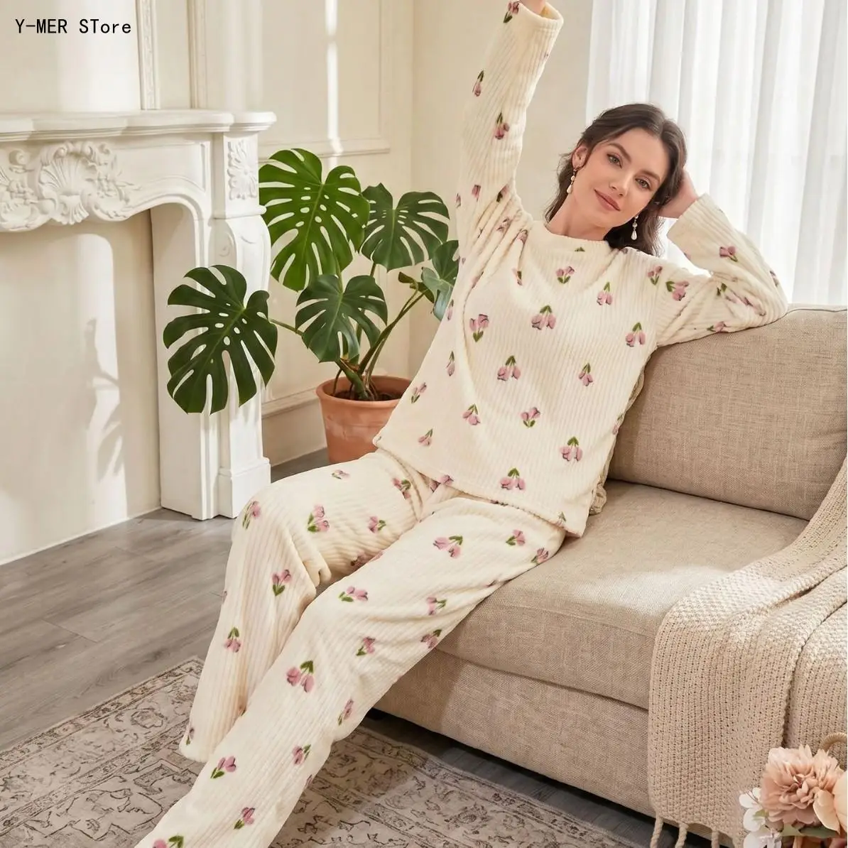 2026 European American Women Crew Neck Pajama Set Autumn Winter Casual Loungewear Long Sleeve Sleepwear Suit Soft Home Outfit