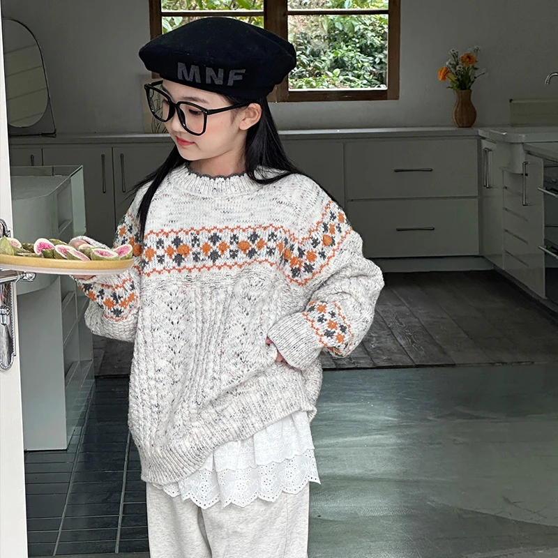 

Kid Sweater Age 4-14Y Baby Girl Casual Fashion Spring Autumn Knitwear Tween Girl Y2k Vintage Outfit Child Korean Style Pullover