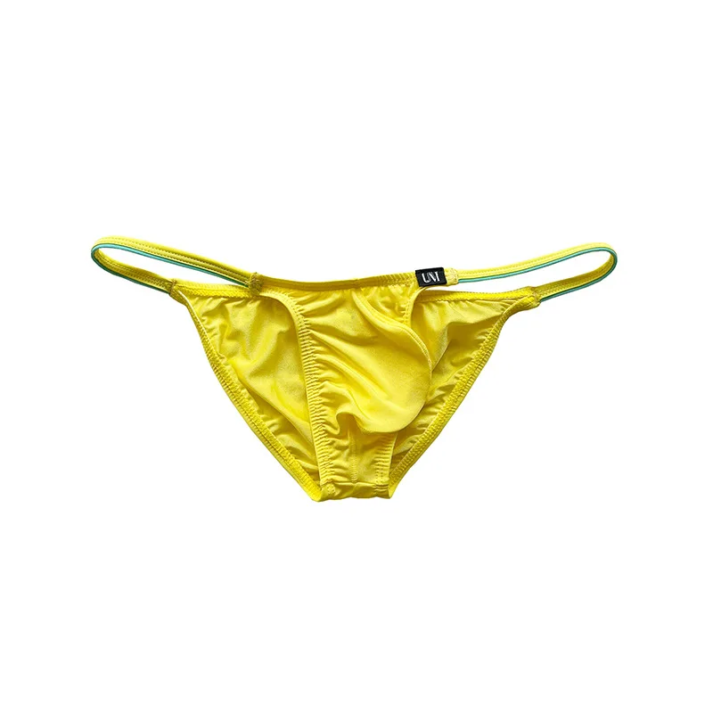 Solid Color Men Bikini Panties, Low Rise Contrast Thin Strap, Smooth Ice Silk 3D Bulge Pouch Male Triangle Underpants