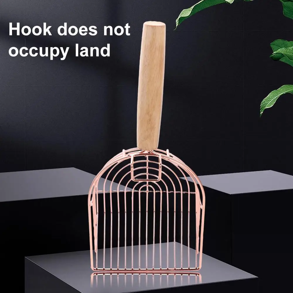 Fast Sifting Scooper Hook Design Cats Litter Metal Scooper Stainless Steel Rose Gold Cat Litter Sifter Wooden Handle Cat Owners