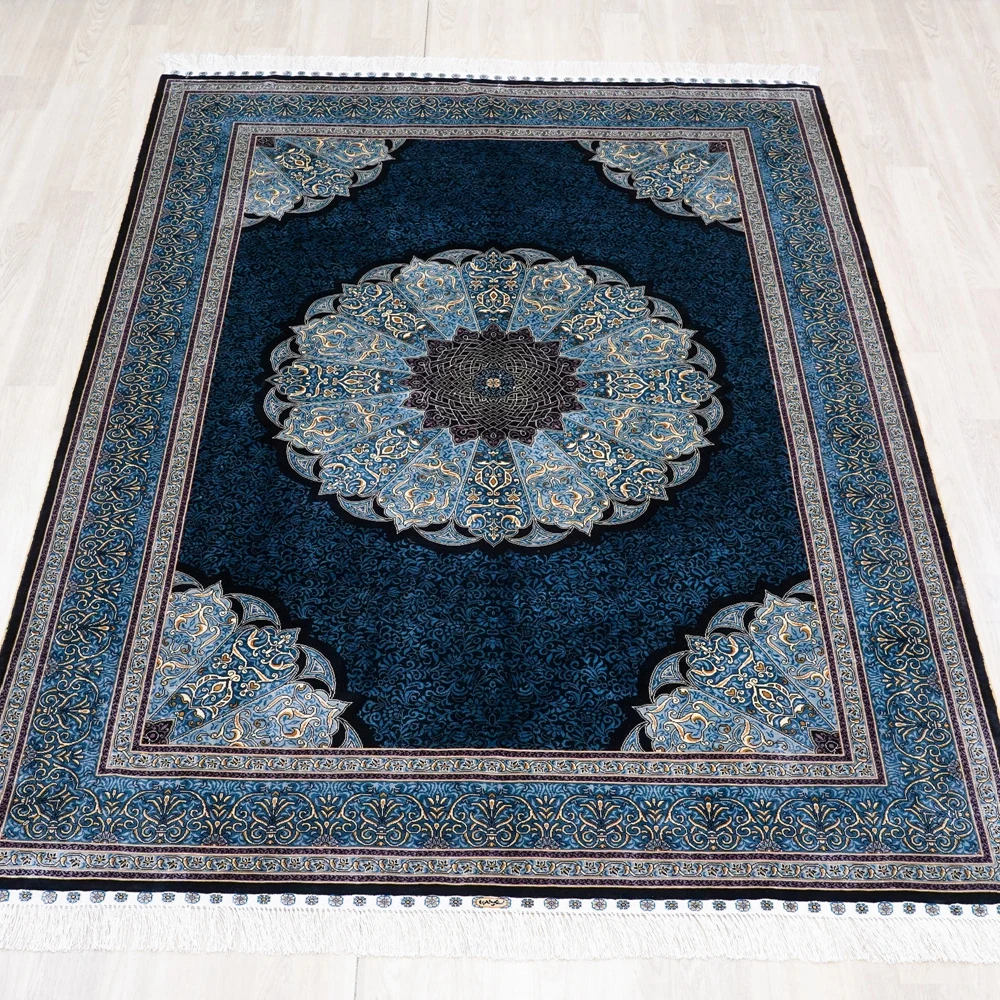 152x213cm Handmade Blue Carpet Floral Hand Knotted Tabriz Rug for Home Office (TJ762A)