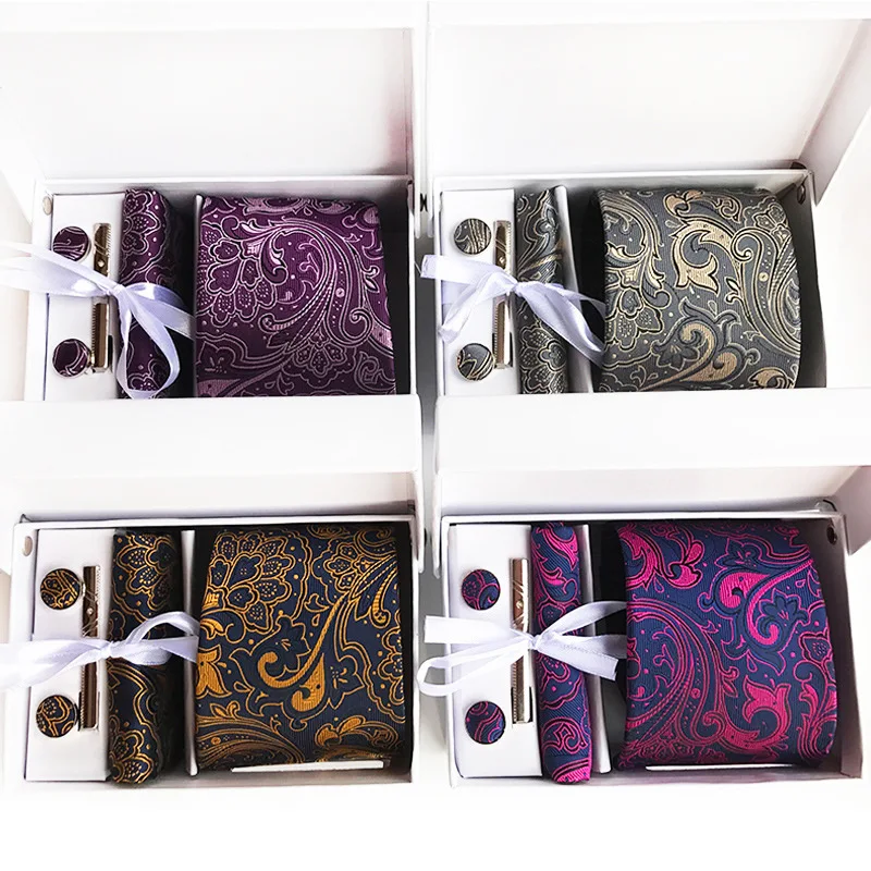 

Flower Pattern Paisley Neckties 6-Piece Set Tie Square Scarf Cufflinks Tie Clip Packaging Box Gift Bag