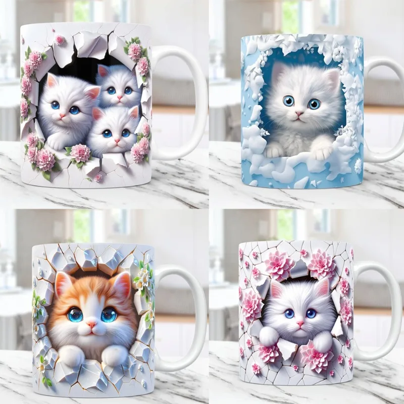 

New creative 3D graphic painting ceramic mug cat cute cute pet animal cartoon coffee tea cup