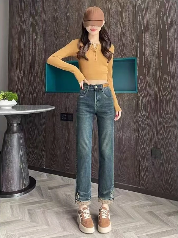 Tapered Skinny Jeans for Women Retro Narrow Leg Spring Fall Capri Stretch Denim Chinese Floral Embroidery Tall Enhancing