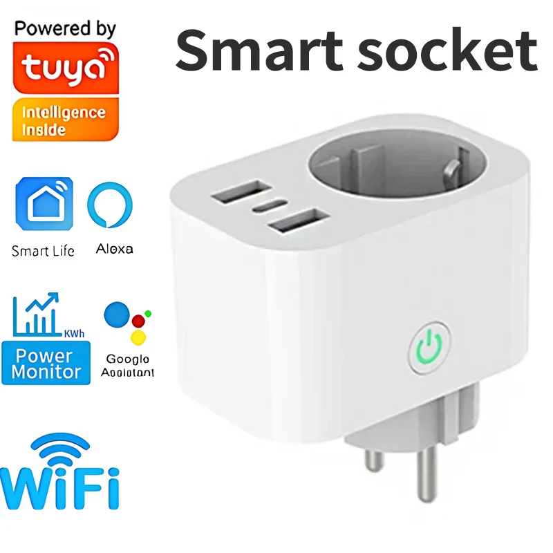 

Tuya Smart Plug, European German Standard Voice-Controlled Wi-Fi Socket, Alexa/Google Home, Timer Remote Control, Energy Monitor