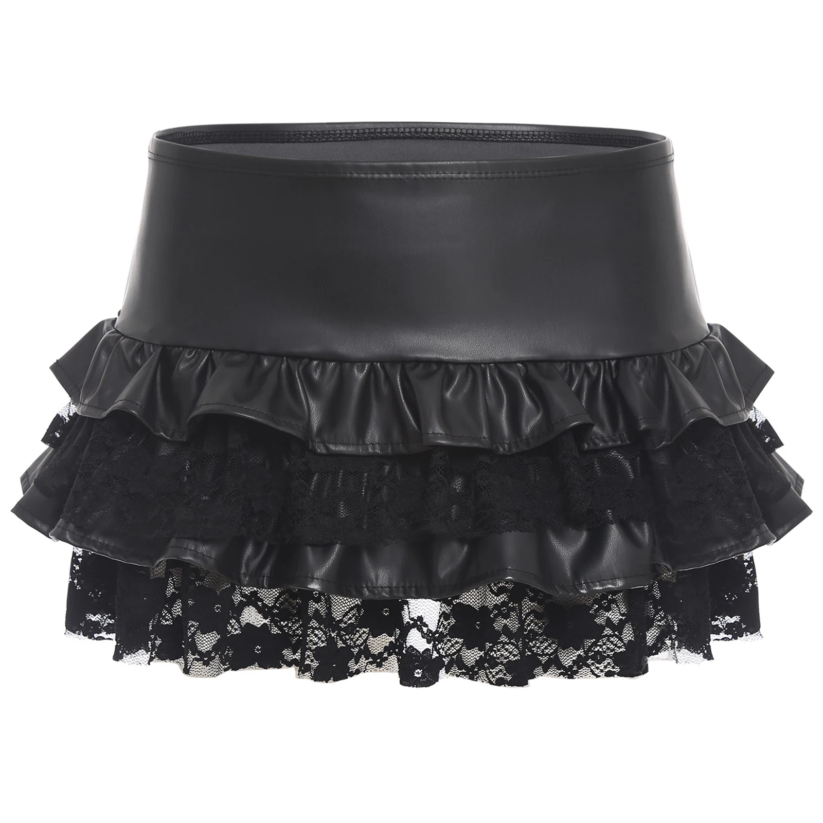Womens Punk Skirt Low Waist Gothic Floral Lace Patchwork Miniskirt with Dramatic Tiered Ruffles for Halloween Party Jazz Events