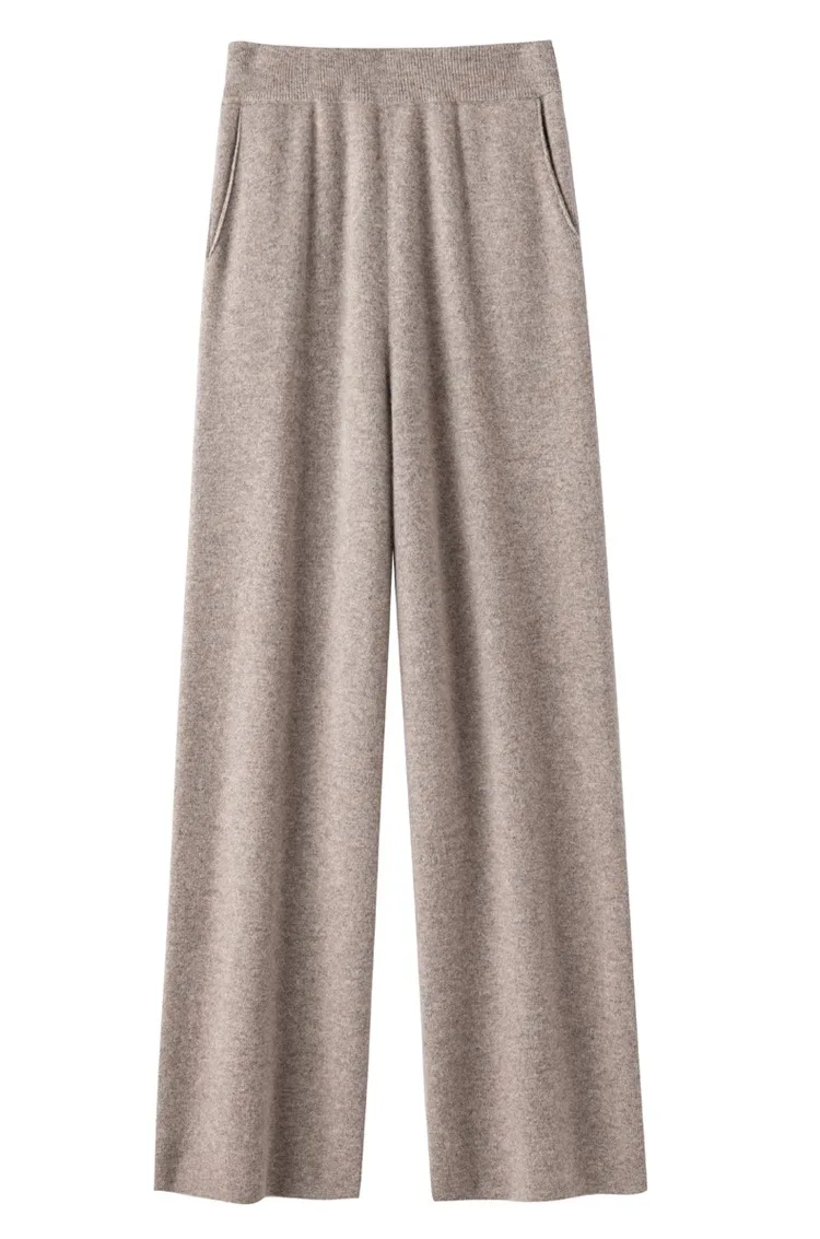 Elegant Pure High Waist Drooping Wide-Leg Pants Women's Outer Wear with Pockets Baggy Straight Trousers Knitted Mop Trousers