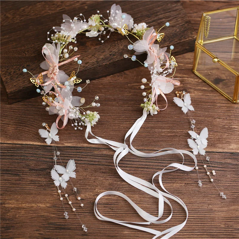 1set Flower Earrings Garland Floral Bride Headband Hairband Wedding Party Prom Festival Hair Head Bands Headwear Accessories