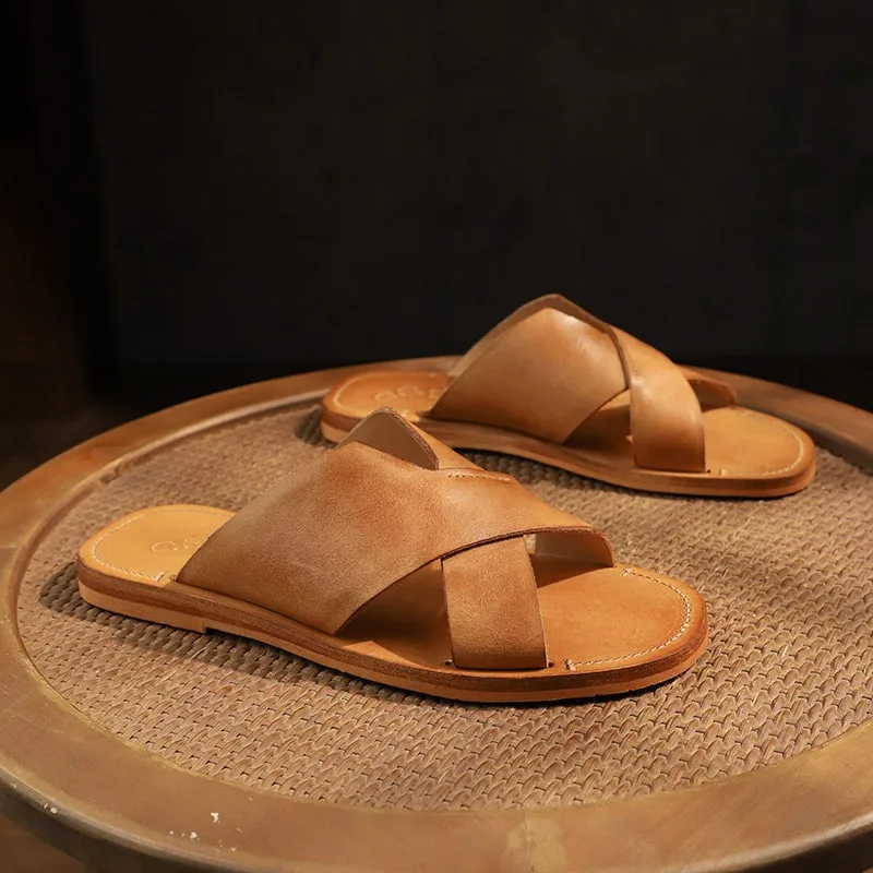 Handmade Washed Cowhide Open Toe Slippers Men's Shoes Outdoor Wear Retro Flat Bottom Slip on Beach Summer Sandals Male