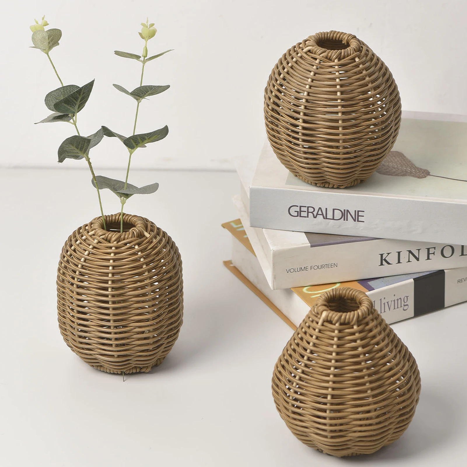 Handwoven Weave Vase Plastic Rattan Chinese Retro Indoor Desktop Creative Home Floral Arrangement Flower Basket Home Decorations