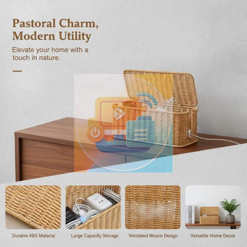 Hand-Woven Cable Management Basket - Decorative Charging Station & Desktop USB Cable Storage Organizer Box