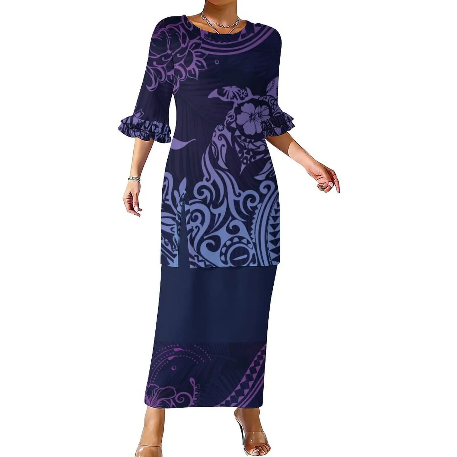 Summer Polynesian Style Puletasi Two-Piece Set - Round-Neck Double-Layer Ruffled Sleeve Open-Front Top - Fitted Long Dress