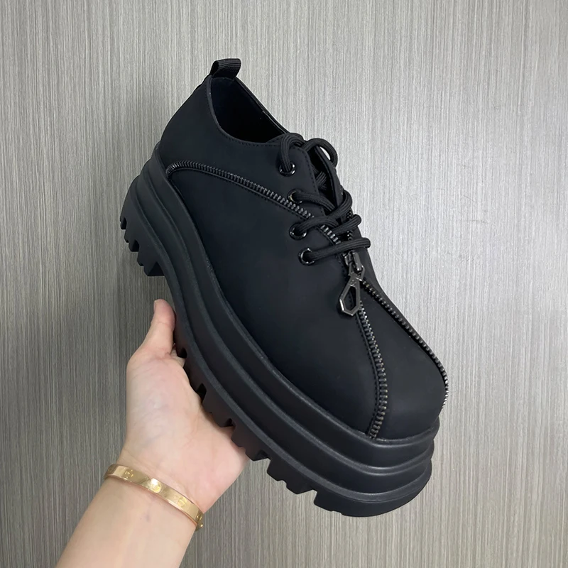 Men Women Thick Soled Derby Shoes Personalized Punk Zipper Decoration High-end Texture Niche Hairstylist Men Shoes