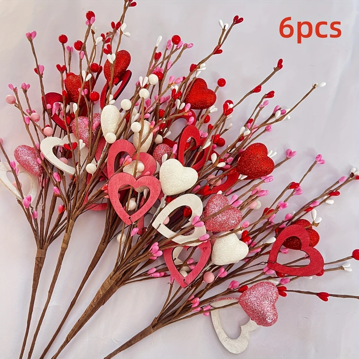 

6pcs Valentine's Day Heart-Shaped Berry Stems -17" Red Pink & White Faux Floral Picks for DIY Decor Wedding Party & Home Accents