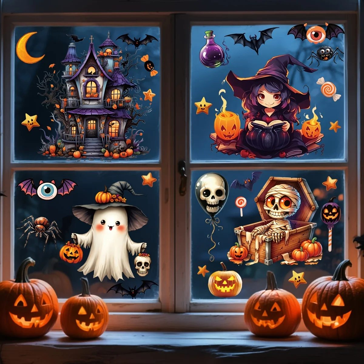 Reusable Halloween Static Window Clings Witch Ghosts Pumpkin Glass Stickers Electrostatic Adsorption for Home Party Decor