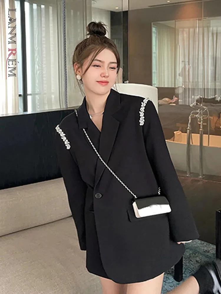 LANMREM Casual Blazer For Women Notched Long Sleeves Solid Color Single Button Fashion Coat 2024 Autumn New Clothing CP2779