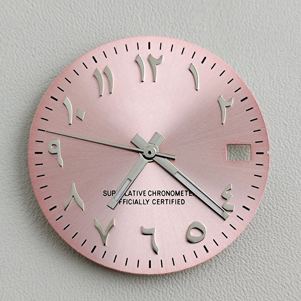 Aço inoxidável Conconvexo Dial árabe, rosa, nenhum mostrador luminoso, prata Assista Acessórios, 28,5mm, NH35