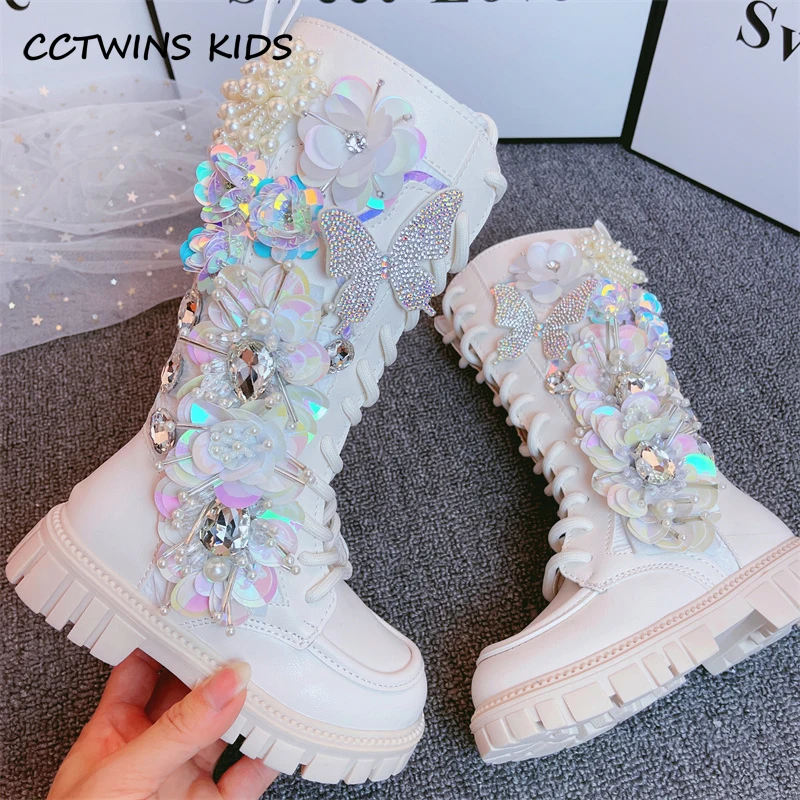 Girls High Boots 2023 Autumn Winter Toddler Kids Princess Fashion Brand Knee Long Boots Children Crystals Flower Handmade Shoes