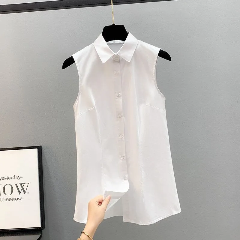 Women\'s Shirt Fashion Solid Colour Lapel Sleeveless Shirt Vest Bottom Blouse Shirt Loose Casual Single Breasted Blouse Tops