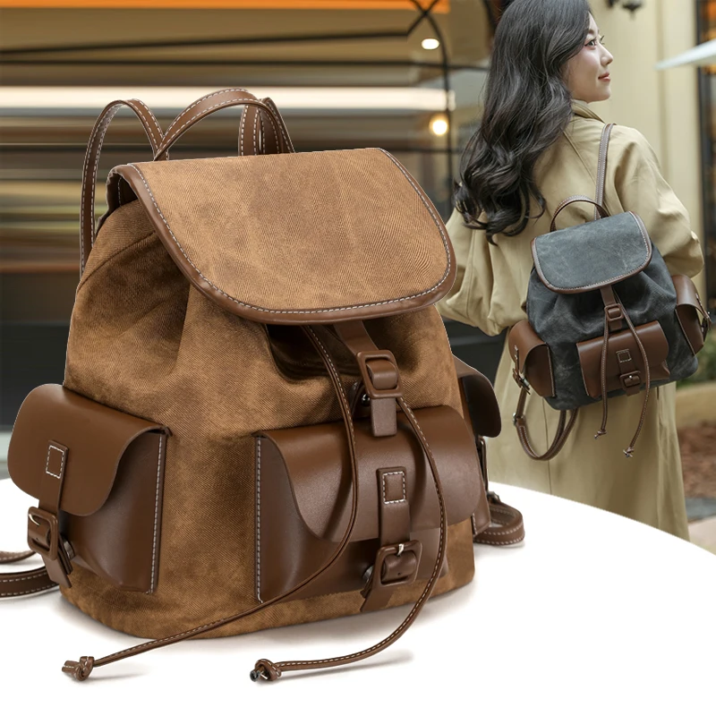 New Trendy Girls Retro Color Block Backpack, Large Capacity PU Leather Shoulder Bag, Small Travel Daypack for Women Fashion Tote
