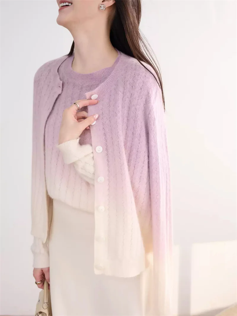 Wool Blends Women Fall Winter Knit Cardigan Fashion Round Neck Gradient Color Lady Knitted Single Breasted Sweater Coat