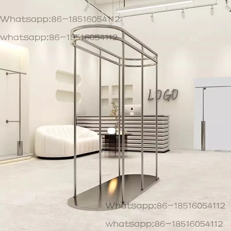 Clothing store display rack Stainless steel oval double-row middle island rack Floor-to-ceiling store with hangers in the middle