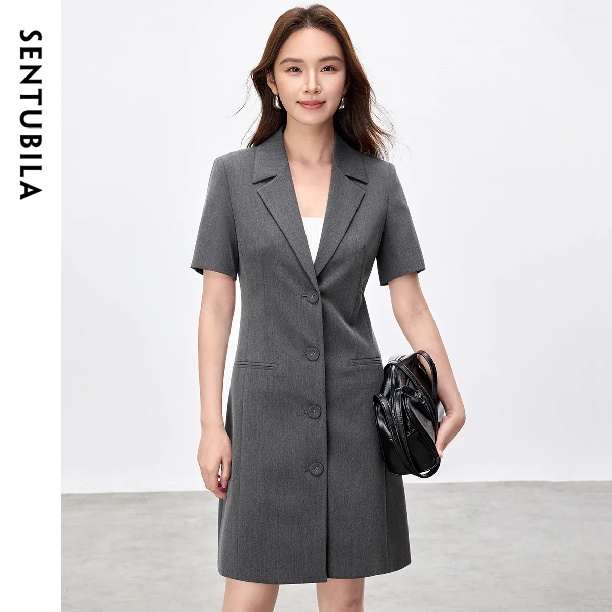 SENTUBILA ชุดเดรสแขนสั้นสตรี 2025 ฤดูร้อนคอปกกระดุมแถวเดียวชุดเดรสทางการสำหรับสุภาพสตรีทำงาน ชุดเดรสสั้น 152L87878