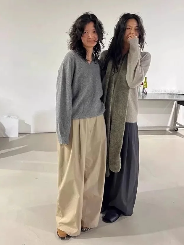 

Korean Sle Fce Lined Wide Leg Workwear Trousers for Women Autumn Winter High Waist Zipper Casual Pants Loose Fit Flared Hem