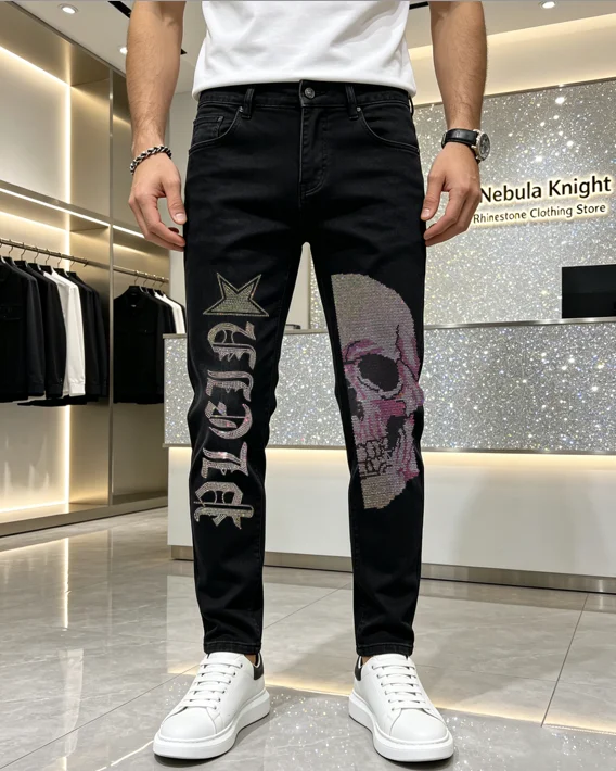 Men Summer Rhinestone Stretch Jeans Slim Fit Elastic Denim Pants Fashion Casual Daily Wear Plus Size